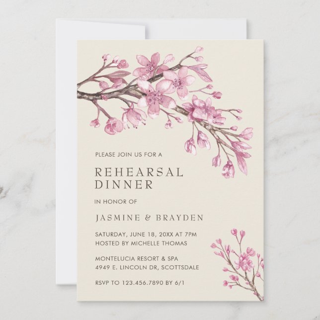 Invitación Cena elegante de ensayo con flores de cerezo rosad (Anverso)