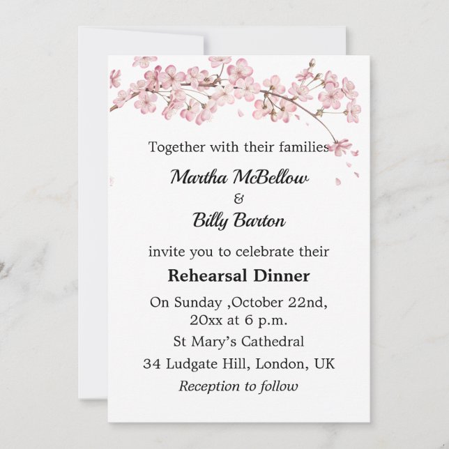 Invitación Cena elegante de ensayo con flores de cerezo rosad (Anverso)