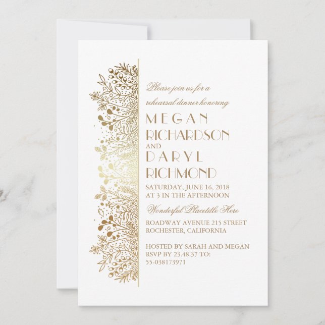 Invitación Cena elegante de ensayo con flores de oro para beb (Anverso)