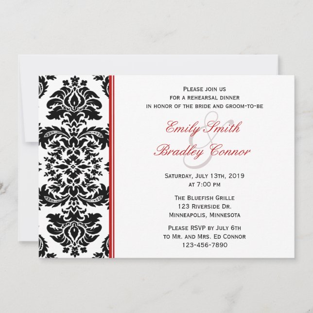 Invitación Cena elegante de ensayo de Damasco rojo y negro (Anverso)
