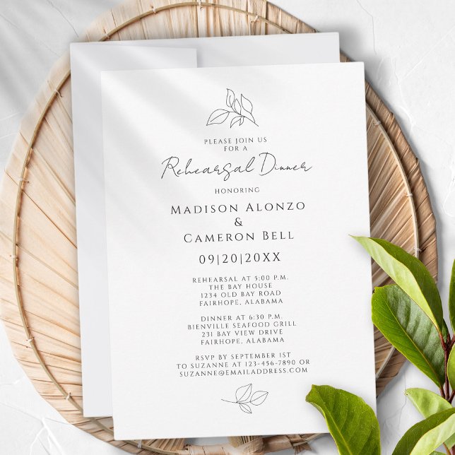 Invitación Cena elegante de ensayo deja blanco y negro (Elegant Rehearsal Dinner Botanical Leaves Black & White Invitation)