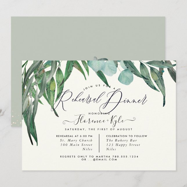 Invitación Cena elegante de ensayo Eucalyptus Greeneration (Anverso / Reverso)