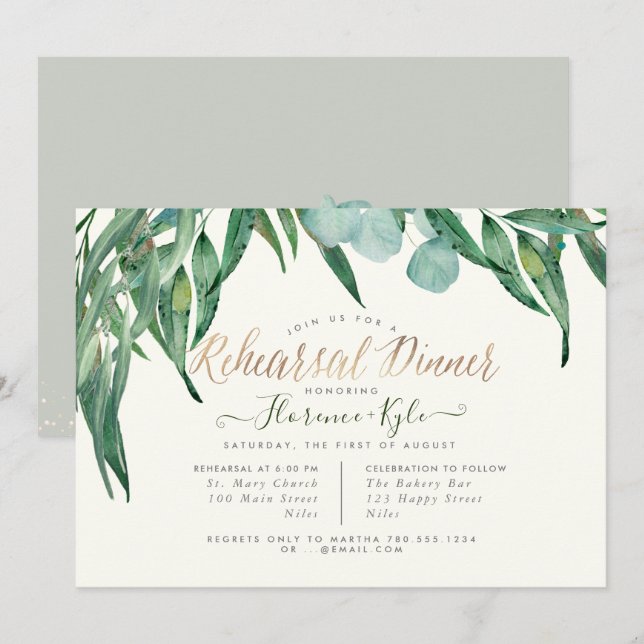 Invitación Cena elegante de ensayo Eucalyptus Greeneration (Anverso / Reverso)