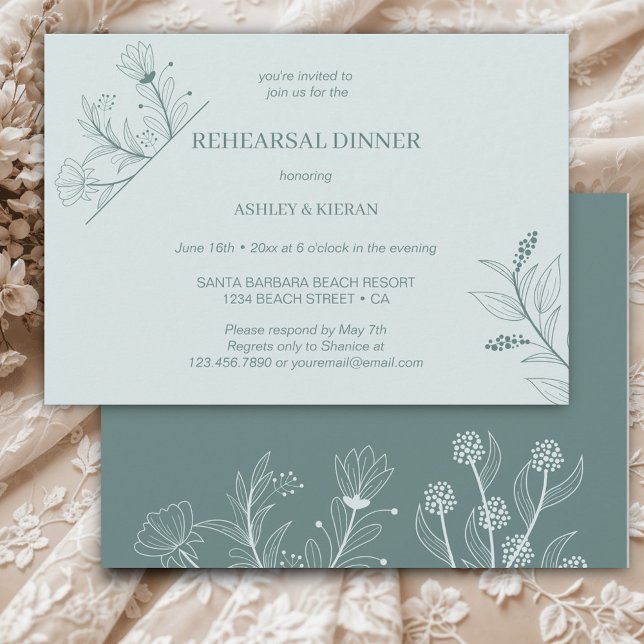 Invitación Cena elegante de ensayo Verde azulado floral (Subido por el creador)
