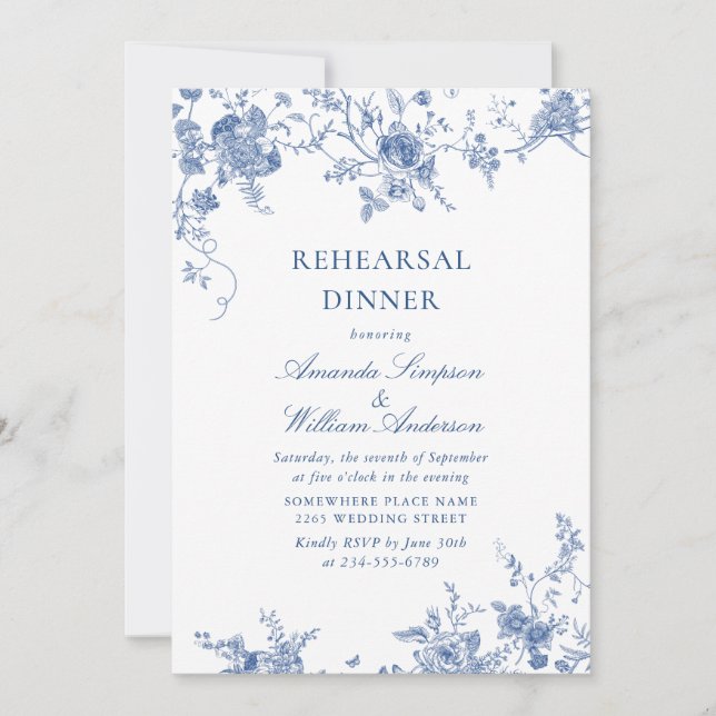 Invitación Cena elegante de estilo victoriano azul floral (Anverso)