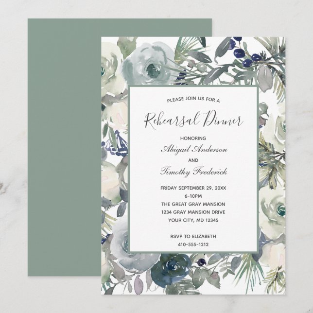 Invitación Cena elegante de Floral Blanca Azul Verde Azul (Anverso / Reverso)