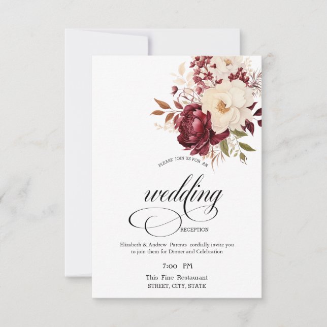 Invitación Cena elegante de flores blancas de Borgoña (Anverso)