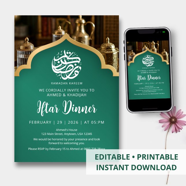 Invitación Cena elegante de Iftar de Ramadán Arco verde dorad (Subido por el creador)