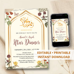 Invitación Cena elegante de Iftar floral con arco de oro para