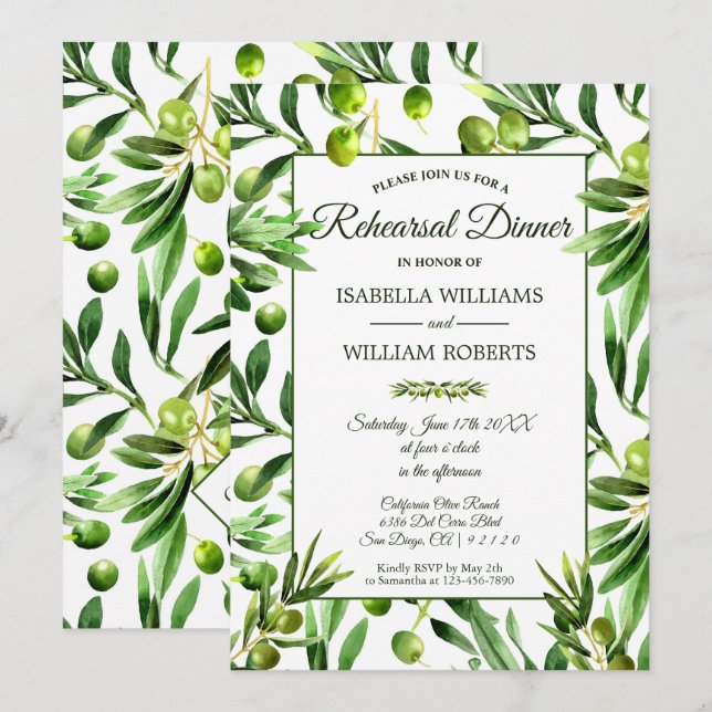 Invitación Cena elegante de Jardín de Hojas de Oliva (Anverso / Reverso)