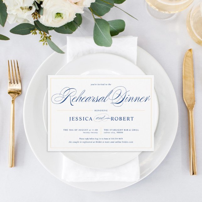 Invitación Cena elegante de la caligrafía azul de la marina (Subido por el creador)