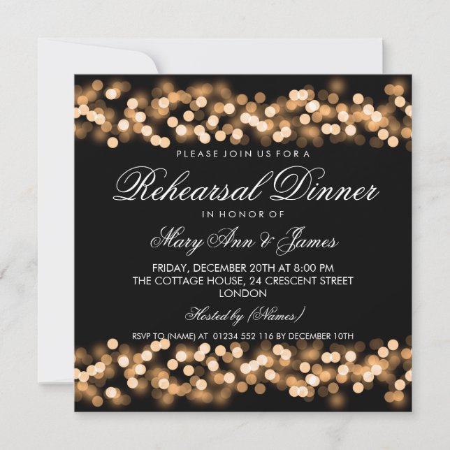 Invitación Cena elegante de la cena oro Hollywood Glam (Anverso)