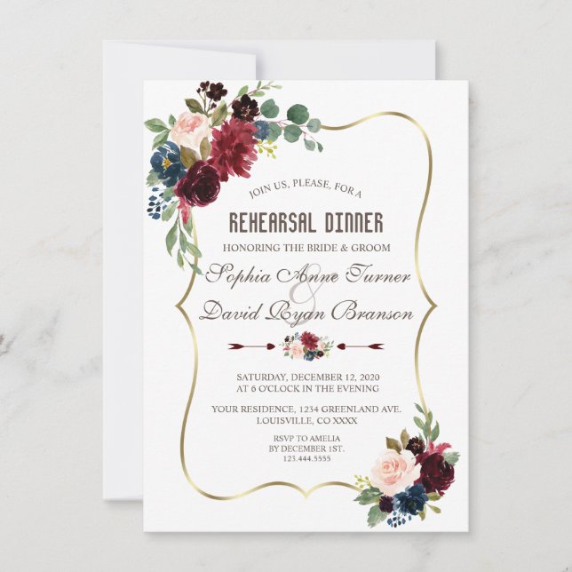 Invitación Cena elegante de la Marina Merlot con Floral Azul (Anverso)