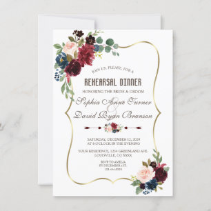 Invitación Cena elegante de la Marina Merlot con Floral Azul