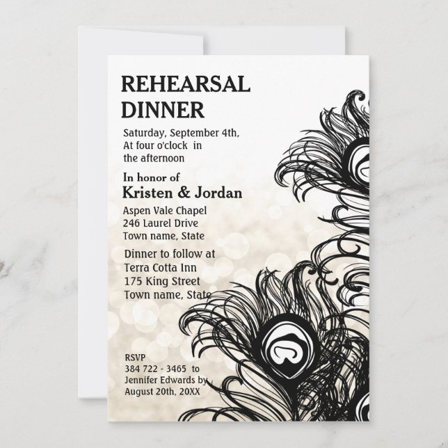 Invitación Cena elegante de la pluma de pavo real (Anverso)