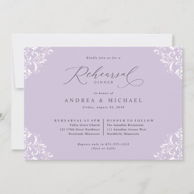 Invitación Cena elegante de Lavanda Boda púrpura (Anverso)