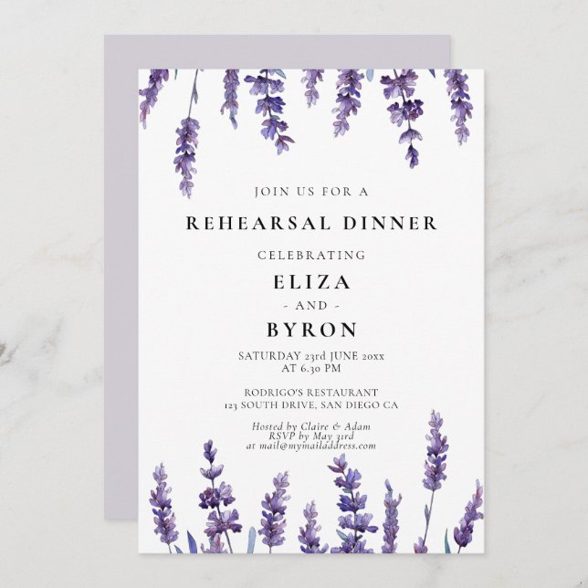 Invitación Cena elegante de lavanda floral (Anverso / Reverso)