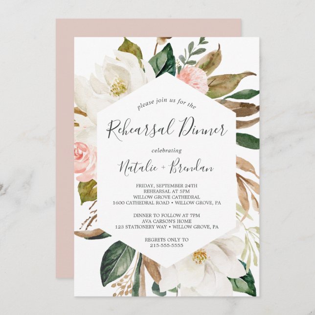 Invitación Cena elegante de Magnolia blanca y Rubor (Anverso / Reverso)