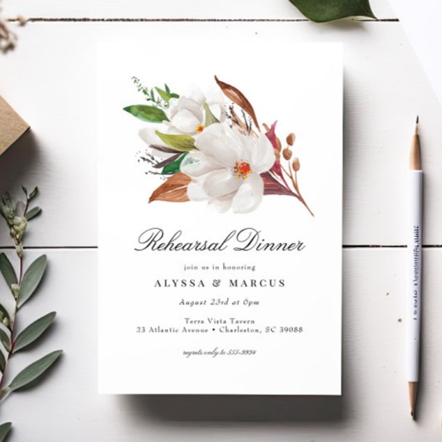 Invitación Cena elegante de Magnolia con Ensayo Floral (Subido por el creador)