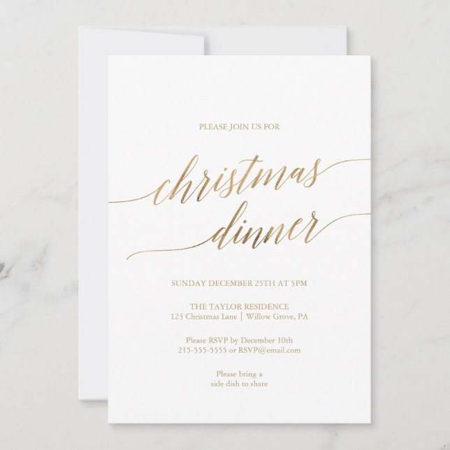 Invitación Cena elegante de Navidades de caligrafía dorada (Anverso)
