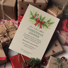 Invitación Cena elegante de Navidades Holly y Red Bow -
