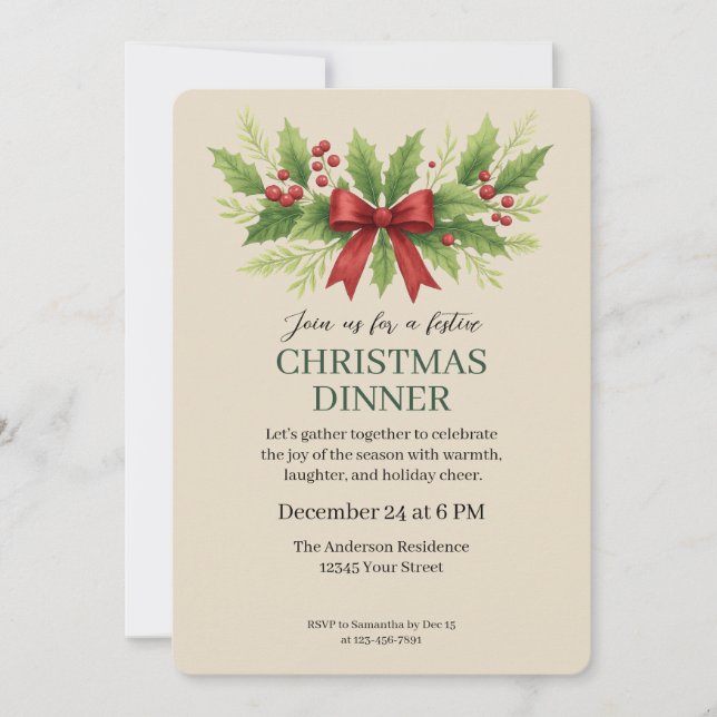 Invitación Cena elegante de Navidades Holly y Red Bow - (Anverso)