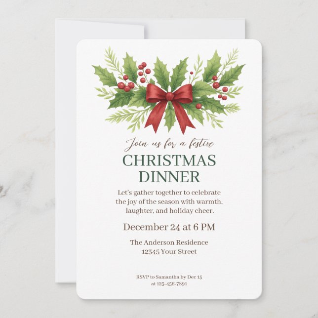Invitación Cena elegante de Navidades Holly y Red Bow - (Anverso)