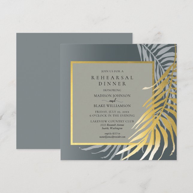 Invitación Cena elegante de plata y oro tropical (Anverso / Reverso)