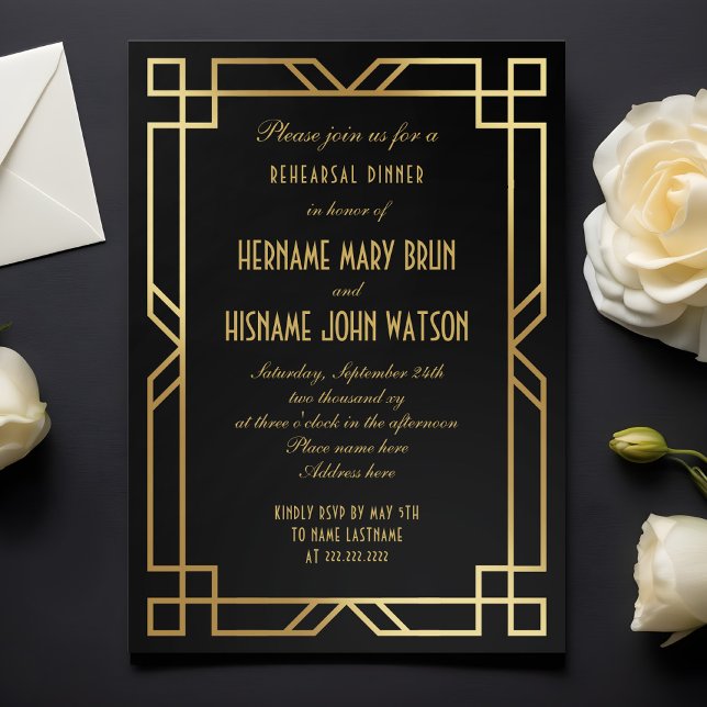 Invitación Cena elegante estilo Art Deco de oro negro (Subido por el creador)