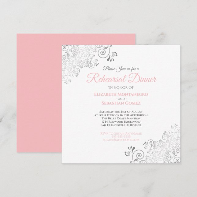 Invitación Cena elegante rosa y gris para el ensayo de boda (Anverso / Reverso)