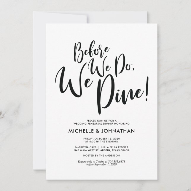 Invitación Cena elegante y perfecta para el ensayo de boda (Anverso)