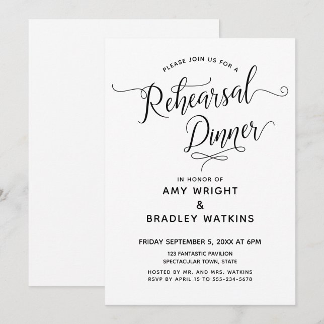 Invitación Cena elegante y simple de ensayo de caligrafía (Anverso / Reverso)