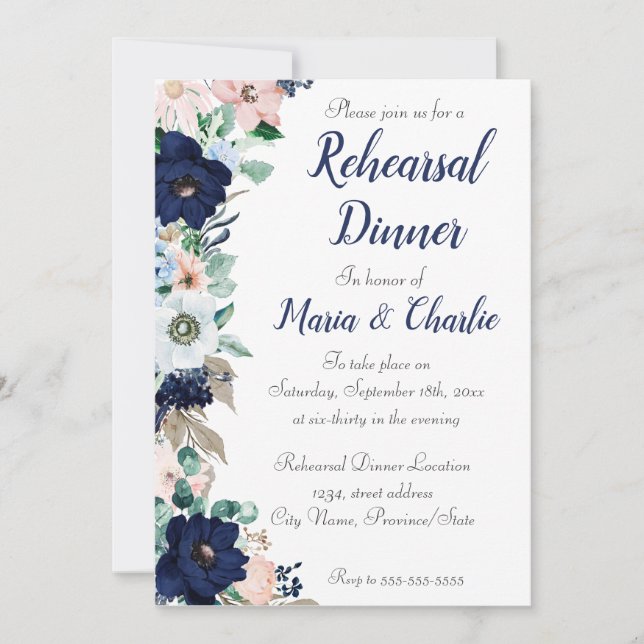 Invitación Cena ensayada azul marino Floración elegante (Anverso)