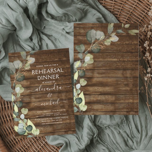 Invitación Cena ensayada Eucalyptus Greenery Madera Rústica (Subido por el creador)