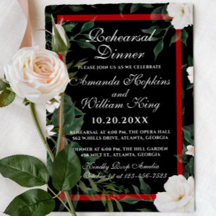 Invitación Cena ensayada Floral negro y rojo elegante