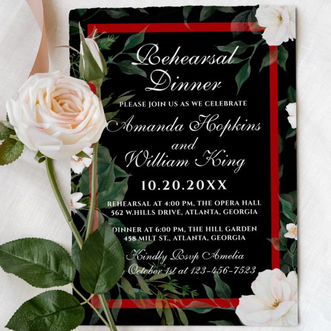 Invitación Cena ensayada Floral negro y rojo elegante (Subido por el creador)
