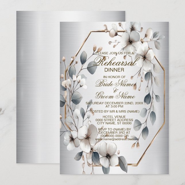 Invitación Cena ensayada Flores blancas marco dorado plateado (Anverso / Reverso)
