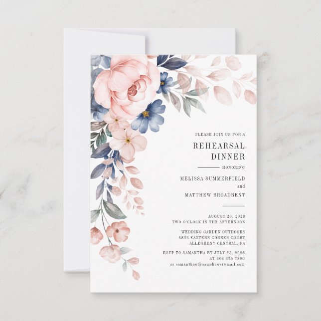Invitación Cena ensayada Flores rosa azul turquesa y floral (Anverso)