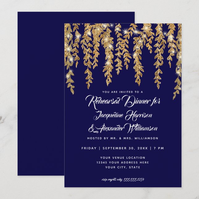 Invitación Cena ensayada Moderna Twinkle Luces Leaf Gold (Anverso / Reverso)