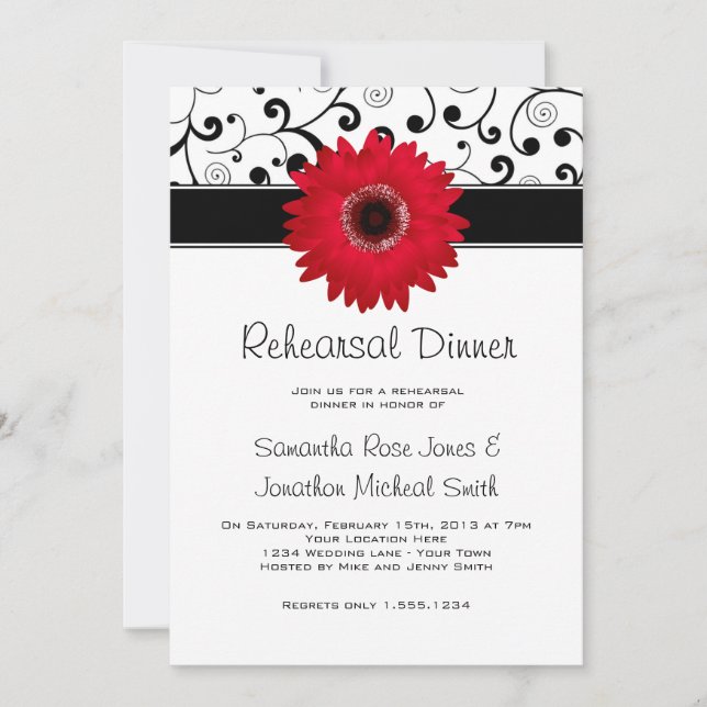 Invitación Cena ensayada Red Gerbera Daisy Black Scroll (Anverso)