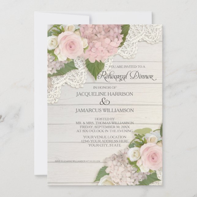 Invitación Cena ensayada Rosa floral rústico moderno (Anverso)