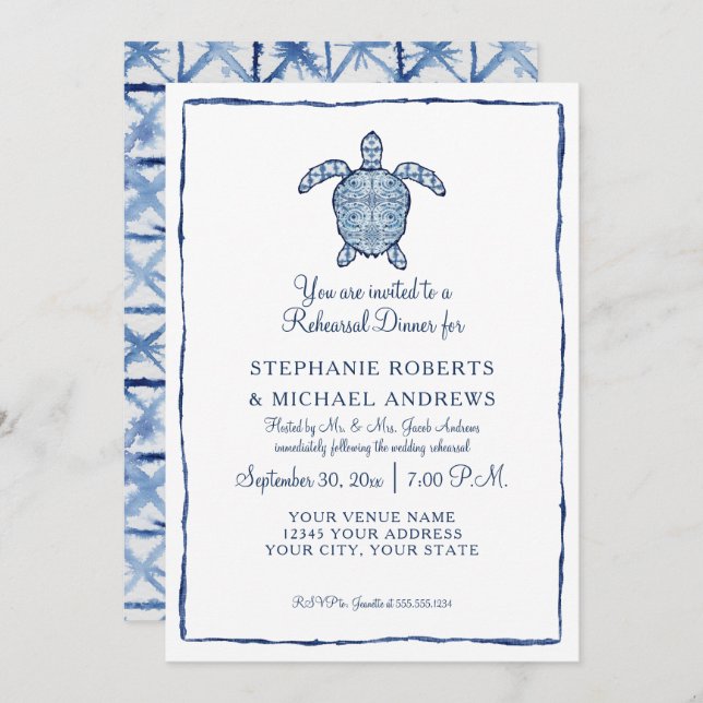 Invitación Cena ensayada Shibori Indigo Seaturtle Beach (Anverso / Reverso)