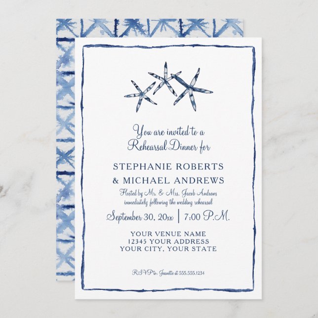 Invitación Cena ensayada Shibori Indigo Starfish Beach (Anverso / Reverso)