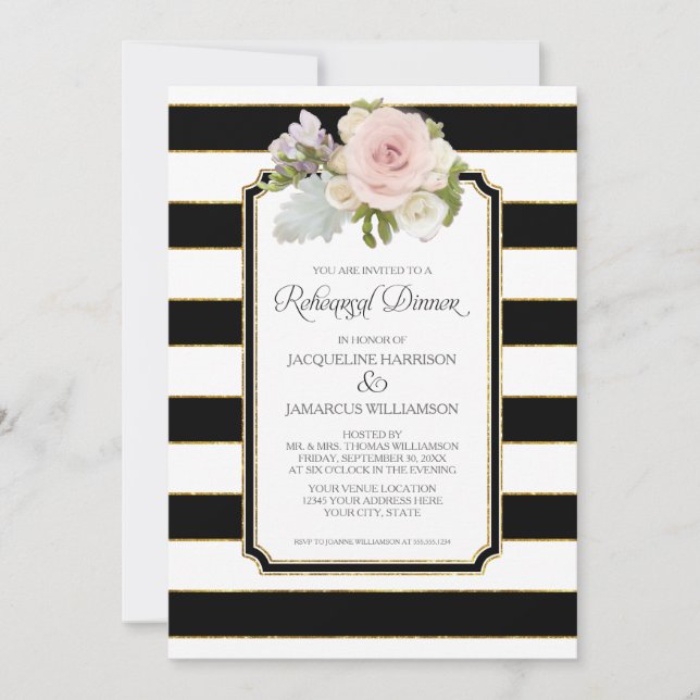 Invitación Cena escénica floral moderna a rayas (Anverso)