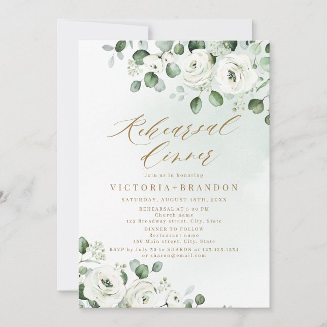 Invitación Cena eucalipto verde blanca floral (Anverso)