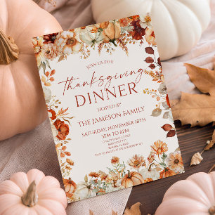 Invitación Cena Familiar de Acción de Gracias Floral Naranja