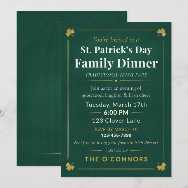 Invitación Cena Familiar del Día de San Patricio Tradicional  (Anverso / Reverso)