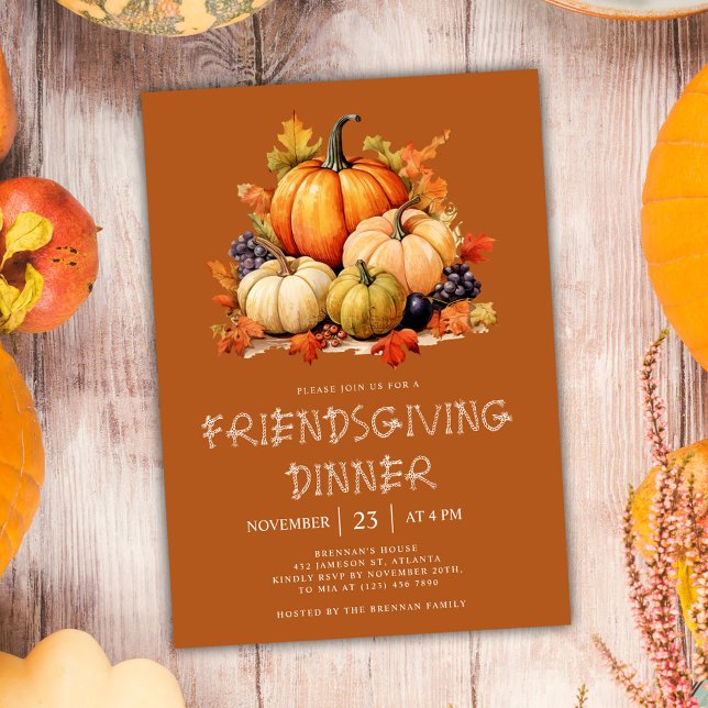Invitación Cena favorable a la calabaza en otoño (Fall Pumpkin Friendsgiving Dinner Invitation)