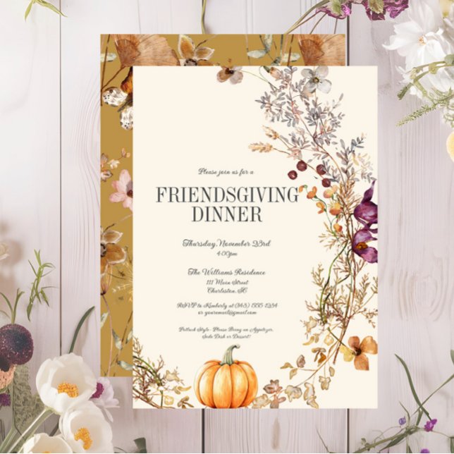 Invitación Cena favorable a la calabaza floral otoño (Fall Floral Friendsgiving Dinner Invitation, Pumpkin Thanksgiving Invite, Wildflowers)