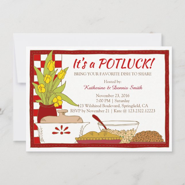 Invitación Cena Fiesta Potluck o cumpleaños a mediodía (Anverso)